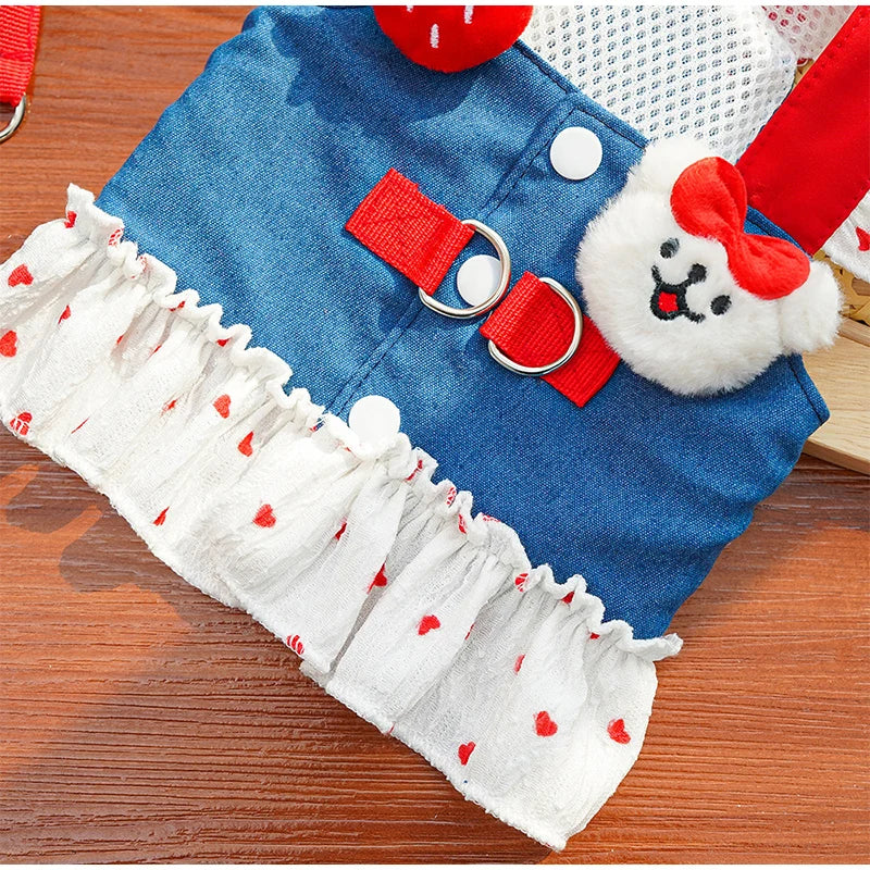 Spring New Pet Dress Cat Dog Dress Cat Chest Back Slip Dress Send Rope Fashion Cute Denim Polka Dot Skirt Pet Vest Pet Clothes