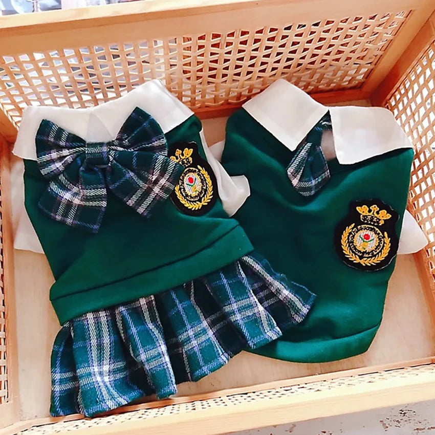 School uniform for pets Dog JK dress Green cat dress Preppy dress Bow PLAID
