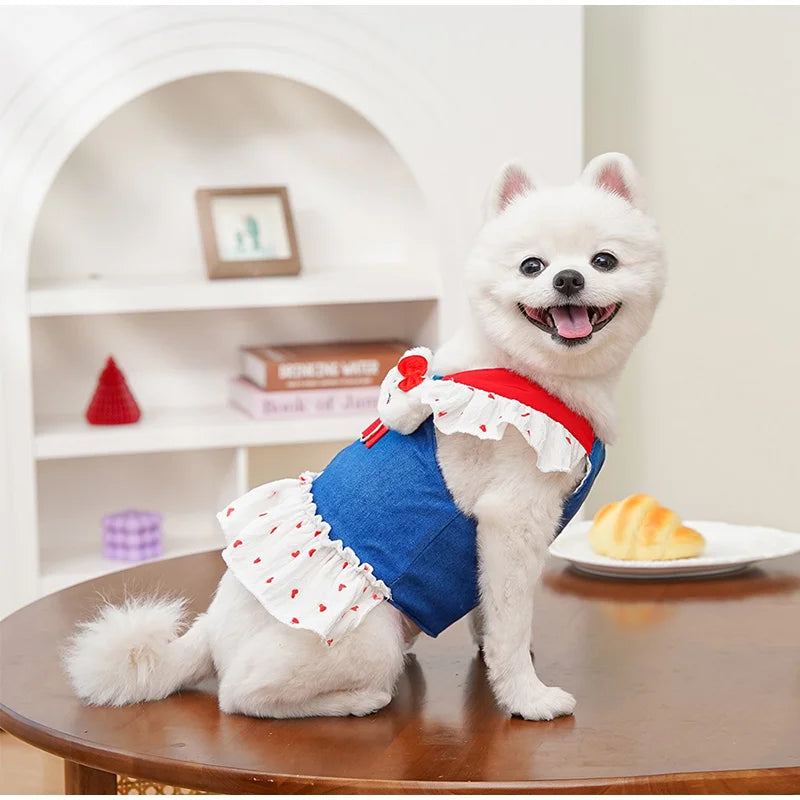 Spring New Pet Dress Cat Dog Dress Cat Chest Back Slip Dress Send Rope Fashion Cute Denim Polka Dot Skirt Pet Vest Pet Clothes