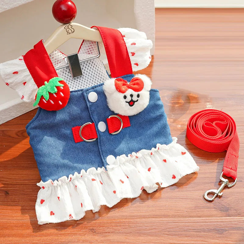 Spring New Pet Dress Cat Dog Dress Cat Chest Back Slip Dress Send Rope Fashion Cute Denim Polka Dot Skirt Pet Vest Pet Clothes