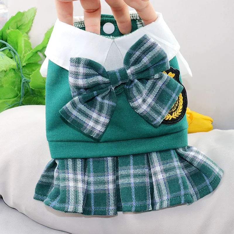 School uniform for pets Dog JK dress Green cat dress Preppy dress Bow PLAID