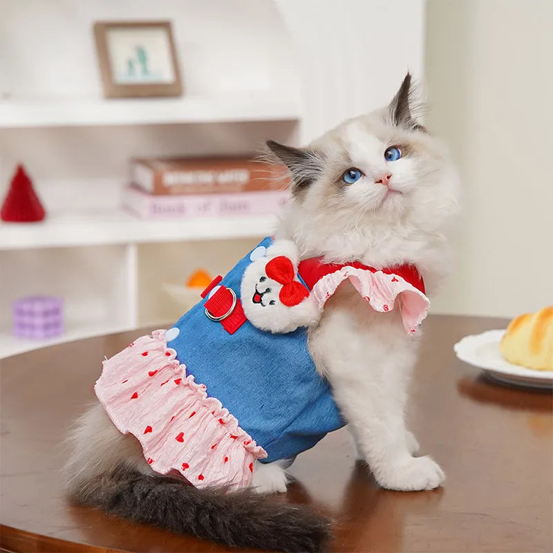 Spring New Pet Dress Cat Dog Dress Cat Chest Back Slip Dress Send Rope Fashion Cute Denim Polka Dot Skirt Pet Vest Pet Clothes