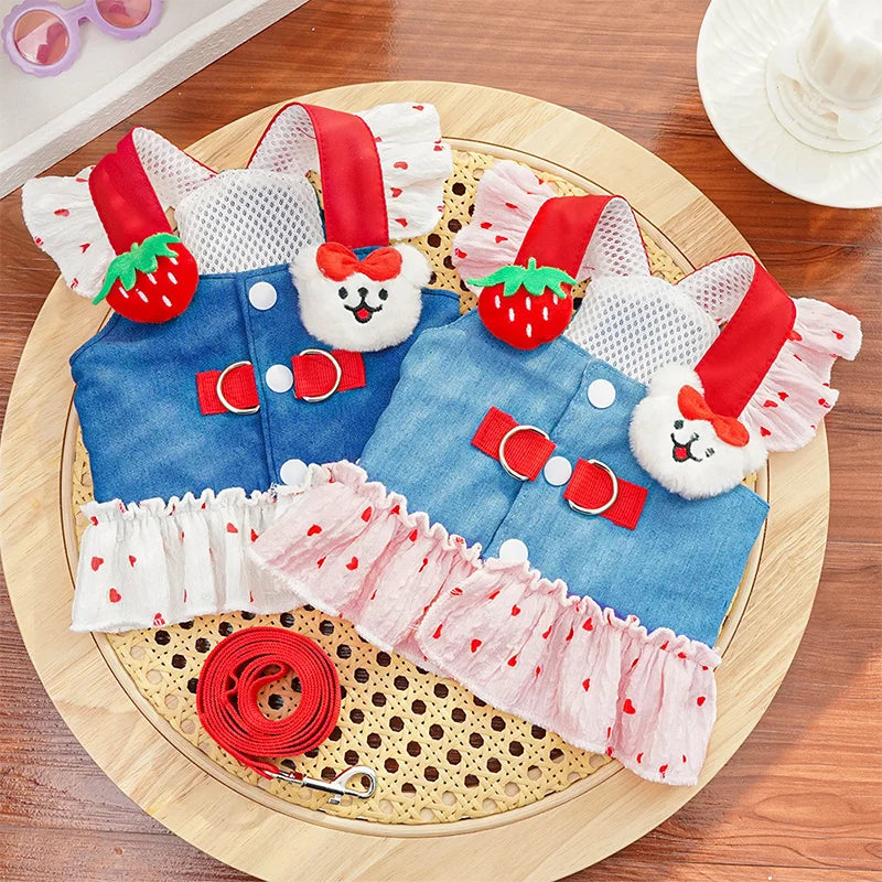 Spring New Pet Dress Cat Dog Dress Cat Chest Back Slip Dress Send Rope Fashion Cute Denim Polka Dot Skirt Pet Vest Pet Clothes