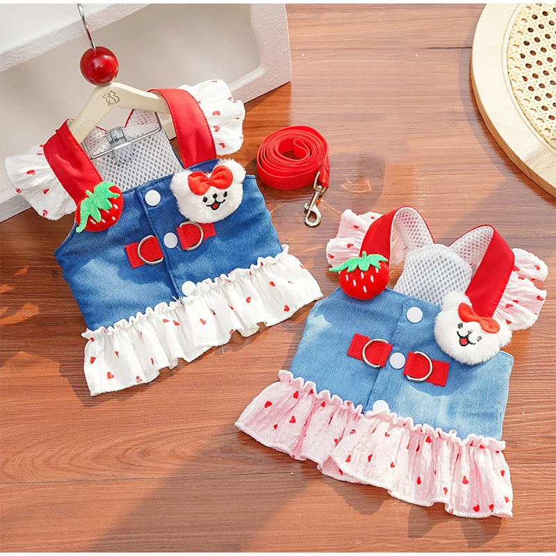 Spring New Pet Dress Cat Dog Dress Cat Chest Back Slip Dress Send Rope Fashion Cute Denim Polka Dot Skirt Pet Vest Pet Clothes