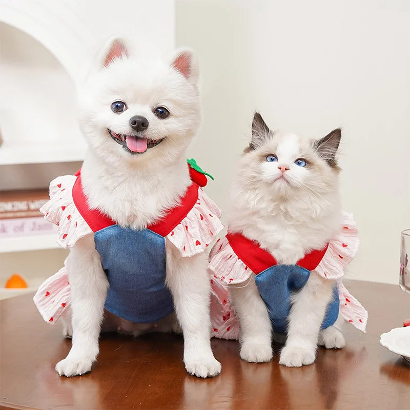 Spring New Pet Dress Cat Dog Dress Cat Chest Back Slip Dress Send Rope Fashion Cute Denim Polka Dot Skirt Pet Vest Pet Clothes