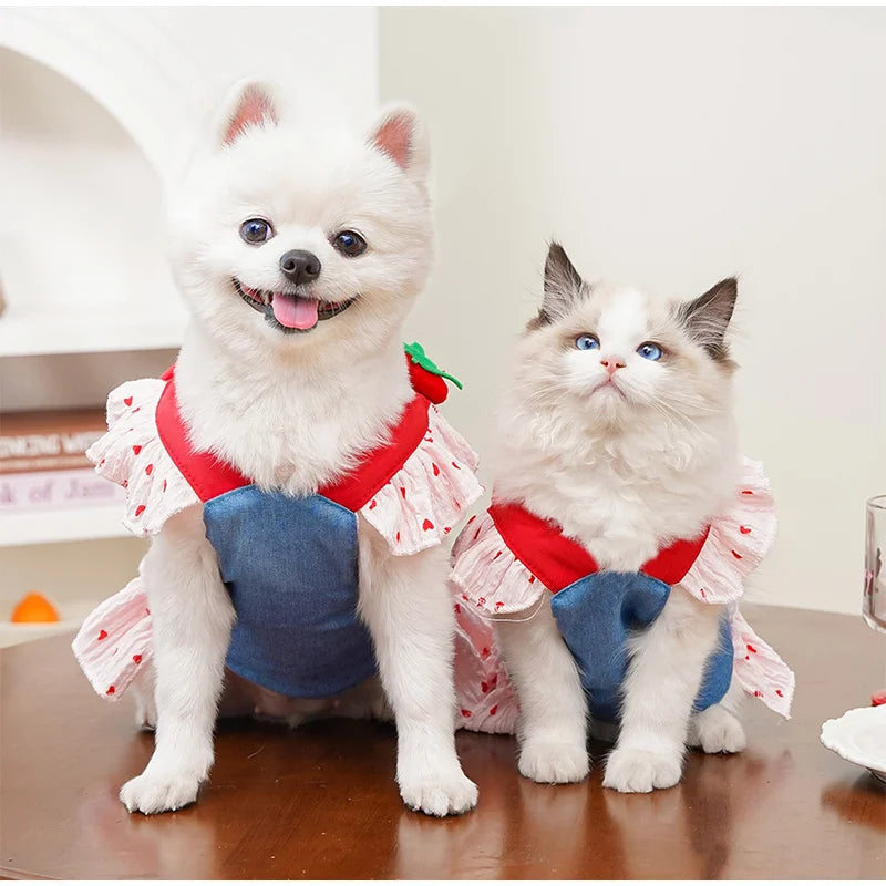 Spring New Pet Dress Cat Dog Dress Cat Chest Back Slip Dress Send Rope Fashion Cute Denim Polka Dot Skirt Pet Vest Pet Clothes