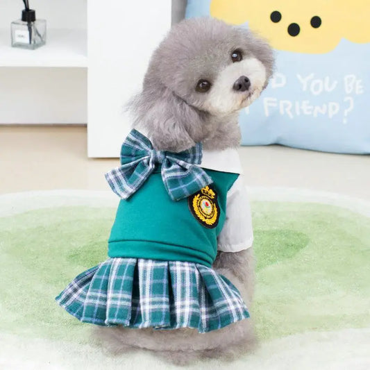 School uniform for pets Dog JK dress Green cat dress Preppy dress Bow PLAID