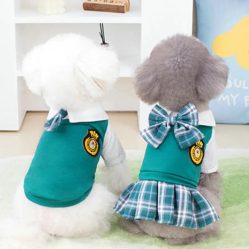 School uniform for pets Dog JK dress Green cat dress Preppy dress Bow PLAID