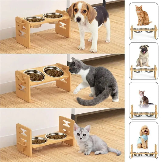 Bamboo Elevated Dog Bowls with Stand, Adjustable, Raised, Puppy, Cat, Food, Water Bowls, Holder, Feeder for Small and Medium Pet