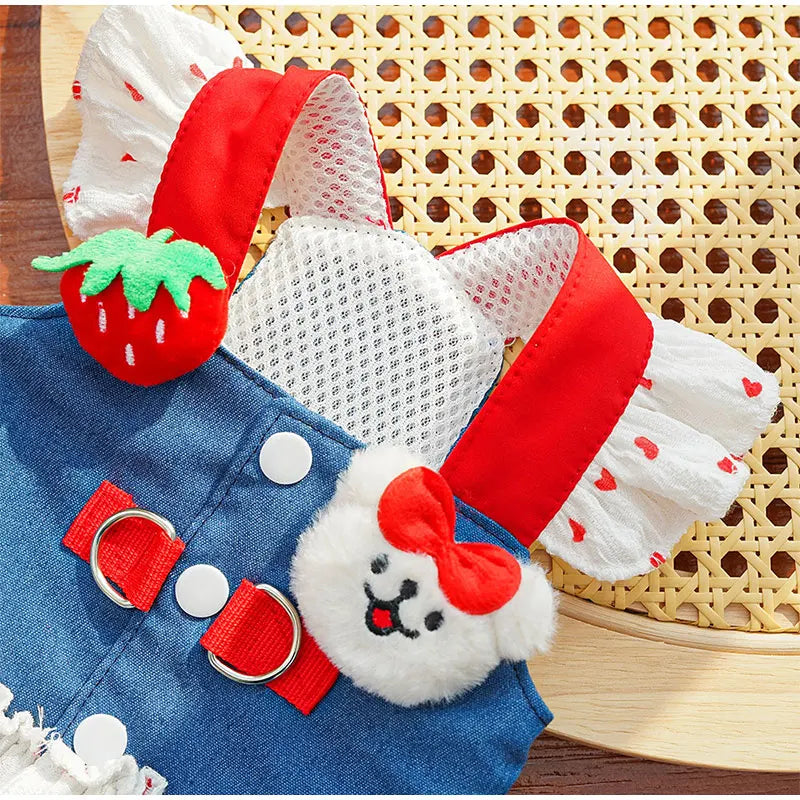 Spring New Pet Dress Cat Dog Dress Cat Chest Back Slip Dress Send Rope Fashion Cute Denim Polka Dot Skirt Pet Vest Pet Clothes