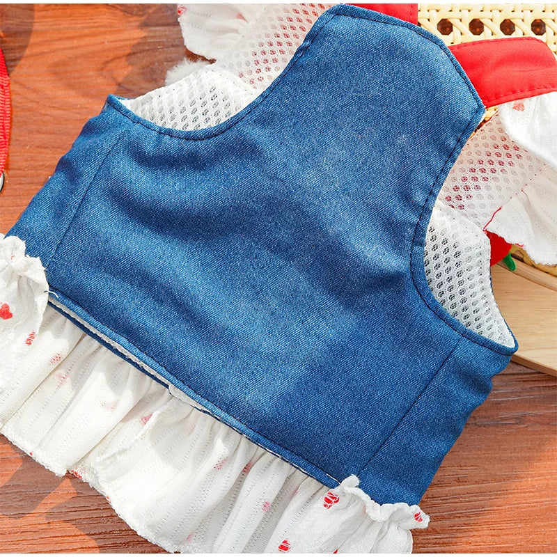 Spring New Pet Dress Cat Dog Dress Cat Chest Back Slip Dress Send Rope Fashion Cute Denim Polka Dot Skirt Pet Vest Pet Clothes