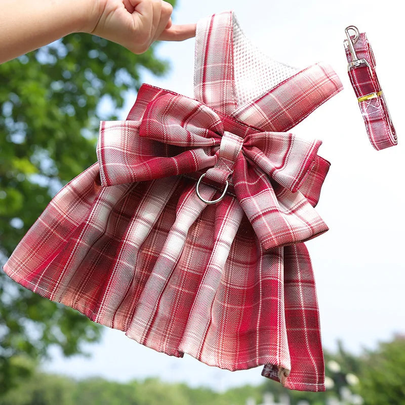 Sweet Plaid Sphynx Cat Dress Vest with Harness Leash Outdoor Pet Clothes for Cats Gotas Skirts Katten Kleding vestidos perrita