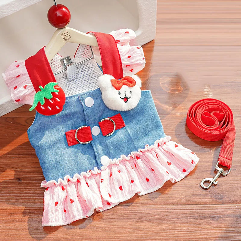 Spring New Pet Dress Cat Dog Dress Cat Chest Back Slip Dress Send Rope Fashion Cute Denim Polka Dot Skirt Pet Vest Pet Clothes